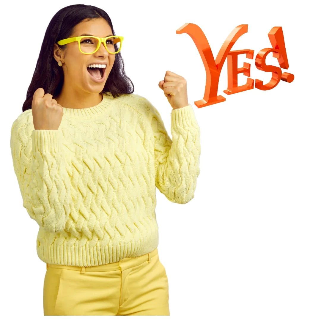 female wearing all yellow saying yes